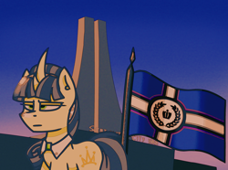 Size: 3102x2314 | Tagged: safe, artist:northglow, imported from derpibooru, oc, oc only, unicorn, city, cityscape, flag, looking up, sky, skyscraper