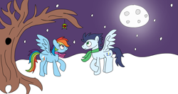 Size: 1353x720 | Tagged: safe, artist:aynstainxpenelope, artist:dasher666, edit, imported from derpibooru, rainbow dash, soarin', pegasus, pony, clothes, female, male, mare, mistletoe, scarf, shipping, snow, soarindash, stallion, straight, winter