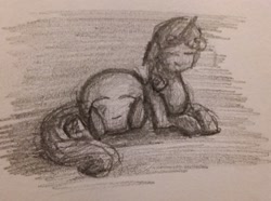 Size: 640x475 | Tagged: safe, artist:necrohorse, imported from derpibooru, sweetie belle, fanfic:a sweetie dream land, eyes closed, kirby, kirby (series), pencil drawing, traditional art