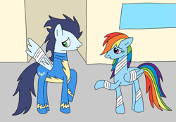 Size: 1033x720 | Tagged: safe, artist:dasher666, artist:rita-and-skipper, edit, imported from derpibooru, rainbow dash, soarin', pegasus, pony, female, injured, male, mare, shipping, soarindash, stallion, straight