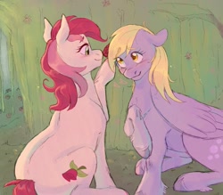 Size: 1600x1400 | Tagged: safe, artist:abbytabbys, imported from derpibooru, derpy hooves, roseluck, earth pony, pegasus, pony, blushing, cloven hooves, derpyluck, duo, duo female, female, flower, flower in hair, lesbian, looking at each other, looking at someone, mare, raised hoof, shipping, sitting, smiling, smiling at each other