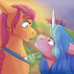 Size: 1280x1280 | Tagged: safe, artist:abbytabbys, imported from derpibooru, izzy moonbow, sunny starscout, earth pony, pony, unicorn, duo, duo female, female, g5, lesbian, looking at each other, looking at someone, moonscout, pins, shipping, staring contest