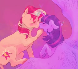 Size: 1700x1500 | Tagged: safe, artist:abbytabbys, imported from derpibooru, sunset shimmer, twilight sparkle, alicorn, pony, unicorn, blushing, duo, duo female, eyes closed, female, gradient background, hoof heart, imminent kissing, lesbian, magic, raised hoof, shipping, sitting, sparkles, spread wings, sunsetsparkle, twilight sparkle (alicorn), underhoof, wings