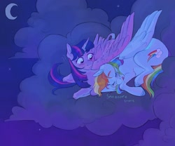 Size: 1800x1500 | Tagged: safe, artist:abbytabbys, imported from derpibooru, rainbow dash, twilight sparkle, alicorn, pegasus, pony, cloud, colored hooves, duo, duo female, female, lesbian, mare, night, on a cloud, shipping, sitting, sitting on a cloud, sleeping, sleeping on a cloud, twidash, twilight sparkle (alicorn)