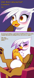 Size: 2000x4576 | Tagged: safe, artist:rupert, imported from derpibooru, gilda, griffon, series:ask white belly gilda, ai assisted, ai content, ask, belly, blushing, chair, cute, dialogue, eyes closed, female, generator:pony diffusion v6 xl, generator:stable diffusion, gildadorable, high res, moi, pale belly, paw pads, paws, plump, prench, prompter:rupert, shrunken pupils, sitting, smiling, solo, tumblr, underpaw, white belly