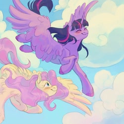 Size: 1500x1500 | Tagged: safe, artist:abbytabbys, imported from derpibooru, fluttershy, twilight sparkle, alicorn, pegasus, pony, blushing, cloud, colored hooves, duo, duo female, eyes closed, female, flying, hooves in air, lesbian, looking at someone, mare, shipping, sky background, spread wings, twilight sparkle (alicorn), twishy, wings