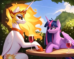 Size: 2560x2048 | Tagged: safe, imported from derpibooru, daybreaker, twilight sparkle, alicorn, pony, ai content, ai generated, alcohol, bedroom eyes, concave belly, cute, date, dating, duo, female, folded wings, garden, generator:pony diffusion v6 xl, generator:stable diffusion, glass, happy, height difference, high res, lesbian, looking at each other, looking at someone, mane of fire, mare, outdoors, partially open wings, ponies sitting like humans, prompter:frostru, shipping, sky, slender, smiling, table, thin, twibreaker, twilight sparkle (alicorn), wine, wine glass, wings