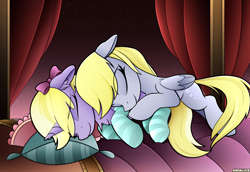 Size: 2480x1711 | Tagged: safe, artist:andaluce, imported from derpibooru, derpy hooves, dinky hooves, pegasus, pony, unicorn, bed, bow, clothes, cuddling, cute, daaaaaaaaaaaw, equestria's best mother, female, filly, foal, hair bow, mare, sleeping, socks