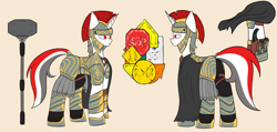 Size: 5586x2649 | Tagged: safe, artist:ashel_aras, imported from derpibooru, oc, oc:red rocket, fallout equestria, armor, armor skirt, cape, clothes, hammer, shield, skirt, sledgehammer, traffic sign