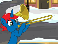 Size: 2048x1536 | Tagged: safe, artist:ry-bluepony1, imported from derpibooru, oc, oc only, oc:train track, pony, unicorn, male, musical instrument, solo, trombone