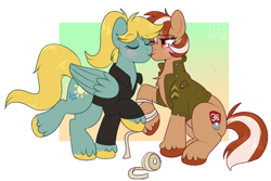 Size: 1210x808 | Tagged: safe, artist:lulubell, imported from derpibooru, oc, oc only, oc:roulette, oc:sunny hymn, fallout equestria, fallout equestria: red 36, bandage, blushing, chest fluff, clothes, colored hooves, duo, duo female, eyes closed, fanfic art, female, folded wings, gradient background, jacket, kiss on the lips, kissing, lesbian, mare, oc x oc, one eye closed, passepartout, ponytail, raised hoof, shipping, shirt, unshorn fetlocks, wings