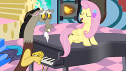 Size: 1192x670 | Tagged: artist needed, source needed, safe, edit, imported from derpibooru, discord, fluttershy, draconequus, pegasus, pony, chaos, duo, duo male and female, eyes closed, female, fireplace, male, mare, musical instrument, open mouth, open smile, piano, smiling