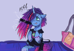 Size: 971x672 | Tagged: safe, artist:kreeeeeez, imported from derpibooru, pony, unicorn, bed, chest fluff, clothes, colored hooves, female, focused, g5, kandi, magic, mare, misty brightdawn, on bed, scene, shirt, solo, text, tongue out, unshorn fetlocks