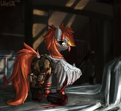 Size: 1280x1177 | Tagged: safe, artist:uteuk, imported from derpibooru, oc, oc only, pegasus, pony, blood, clothes, dock, escape from tarkov, female, hammer, mare, pants, solo, tail, wing hands, wings