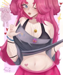 Size: 1084x1280 | Tagged: safe, artist:roltic, imported from derpibooru, pinkie pie, human, belly button, blushing, bra, bra strap, clothes, female, heart, humanized, jewelry, lipstick, makeup, midriff, nail polish, necklace, one eye closed, peace sign, shirt, simple background, solo, tattoo, underwear, white background, wink, wristband