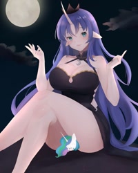 Size: 1023x1280 | Tagged: safe, artist:roltic, imported from derpibooru, princess celestia, princess luna, alicorn, human, pony, breasts, busty princess luna, chibi, choker, clothes, cloud, crown, dress, duo, duo female, female, full moon, horn, horned humanization, humanized, jewelry, makeup, mare, moon, nail polish, night, open mouth, regalia, royal sisters, screaming, siblings, sisters, sitting, sitting on person