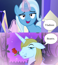 Size: 1280x1440 | Tagged: safe, edit, edited screencap, imported from derpibooru, screencap, prince blueblood, trixie, all bottled up, the best night ever, beatrix lulamoon, bluetrix, female, flower, male, name, napkin, prince vladimir, rose, shipping, smiling, speech bubble, straight