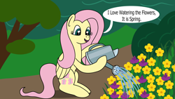 Size: 1920x1080 | Tagged: safe, artist:platinumdrop, imported from derpibooru, fluttershy, pegasus, commission, flower, hoof hold, smiling, speech, speech bubble, talking, water, watering can