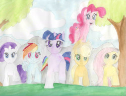 Size: 1650x1262 | Tagged: safe, artist:artist-srf, imported from derpibooru, applejack, fluttershy, pinkie pie, rainbow dash, rarity, twilight sparkle, earth pony, pegasus, pony, unicorn, female, front view, horn, mane six, mare, running, traditional art