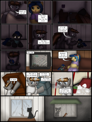 Size: 1750x2333 | Tagged: safe, artist:99999999000, imported from derpibooru, oc, oc only, oc:mar ker, oc:shadow spirits, oc:su wendi, bird, cat, pegasus, pony, unicorn, comic:grow with children, bed, broom, colt, comic, father, father and child, father and son, female, foal, horn, male, mother and child, mother and son, phone, pregnant, son, television