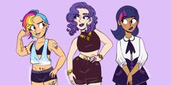 Size: 1366x685 | Tagged: safe, artist:cosmicponye, imported from derpibooru, rainbow dash, rarity, twilight sparkle, human, alternate hairstyle, belly button, bracelet, clothes, ear piercing, earring, eyebrow piercing, eyeshadow, female, grin, humanized, jewelry, lipstick, looking at each other, looking at someone, makeup, midriff, nail polish, piercing, purple background, ring, shirt, shorts, simple background, size difference, skirt, smiling, sports bra, sports shorts, tanktop, tattoo, trio, trio female