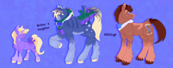 Size: 3041x1194 | Tagged: safe, artist:peachpaws0, imported from derpibooru, derpy hooves, dinky hooves, doctor whooves, time turner, earth pony, pegasus, unicorn, bowtie, chest fluff, family, female, filly, foal, freckles, horn, lavender sunrise au, mother and child, mother and daughter, parent:derpy hooves, siblings, tail, tail feathers, torn ear, trio