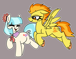 Size: 1348x1048 | Tagged: safe, artist:bluemoon, imported from derpibooru, coco pommel, spitfire, earth pony, pegasus, pony, blushing, clothes, cocofire, duo, duo female, eyes closed, female, flying, laughing, lesbian, shipping, spread wings, trotting, unshorn fetlocks, wings