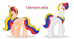 Size: 1280x683 | Tagged: safe, artist:elizaro622044, imported from ponybooru, oc, oc only, alicorn, pegasus, pony, duo, female, male, nation ponies, ponified, species swap, venezuela