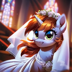 Size: 1024x1024 | Tagged: safe, imported from derpibooru, oc, oc only, oc:littlepip, pony, unicorn, fallout equestria, ai content, ai generated, beautiful, church, clothes, cute, dress, flower, generator:pony diffusion v6 xl, generator:stable diffusion, horn, looking at you, prompter:pnygen v0.41, smiling, solo, wedding dress, wedding veil