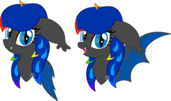 Size: 2113x1244 | Tagged: safe, artist:pure-blue-heart, imported from derpibooru, oc, oc only, bat pony, bat wings, bust, fangs, floppy ears, folded wings, genderfluid, open mouth, pngtuber, raffle prize, simple background, slit pupils, spread wings, transparent background, watermark, wings