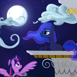 Size: 2048x2048 | Tagged: safe, artist:rayelli, imported from derpibooru, princess luna, twilight sparkle, alicorn, pony, canterlot, cloud, cute, duo, female, flying, lesbian, moon, night, shipping, show accurate, sitting, twilight sparkle (alicorn), twiluna