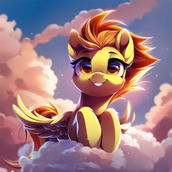 Size: 1024x1024 | Tagged: safe, imported from derpibooru, spitfire, pegasus, pony, ai content, ai generated, cloud, looking at you, sky, smiling, smiling at you, solo