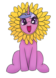 Size: 1326x1839 | Tagged: safe, artist:frilanka, imported from derpibooru, oc, oc only, oc:chrysanlli, pony, unicorn, :d, flower, happy, horn, looking at you, open mouth, open smile, simple background, sitting, smiling, solo, transparent background