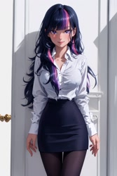 Size: 1024x1536 | Tagged: safe, editor:sammykun, imported from derpibooru, twilight sparkle, human, equestria girls, ai content, ai generated, big breasts, blurry background, breasts, busty twilight sparkle, button-up shirt, clothes, curvy, female, generator:yodayo, hourglass figure, humanized, indoors, long hair, long sleeved shirt, long sleeves, looking at you, pantyhose, pencil skirt, prompter:sammykun, shirt, skirt, solo, stupid sexy twilight, sultry pose, unbuttoned, underwear, white shirt