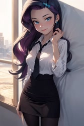 Size: 1024x1536 | Tagged: safe, editor:sammykun, imported from derpibooru, rarity, human, equestria girls, ai content, ai generated, big breasts, blurry background, breasts, busty rarity, button-up shirt, clothes, curvy, female, generator:yodayo, hourglass figure, humanized, indoors, long hair, long sleeved shirt, long sleeves, looking at you, pantyhose, pencil skirt, prompter:sammykun, shirt, skirt, solo, sultry pose, unbuttoned, underwear, white shirt