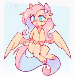 Size: 1396x1450 | Tagged: safe, artist:sillyp0ne, imported from derpibooru, fluttershy, pegasus, pony, alternate mane color, blue eyes, blushing, colored hooves, colored pinnae, cute, ear fluff, eyelashes, female, flower, flying, hooves in air, hooves to the chest, long mane, long tail, mare, open mouth, open smile, passepartout, pink mane, pink tail, shyabetes, signature, simple background, smiling, solo, spread wings, tail, two toned mane, two toned tail, unshorn fetlocks, white background, wings, yellow coat