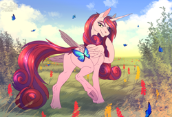 Size: 1600x1092 | Tagged: safe, artist:sunny way, imported from derpibooru, princess cadance, alicorn, butterfly, pony, unicorn, art, artwork, cute, digital art, field, flower, hooves, horn, reward, shy, sky, smiling, solo, wings