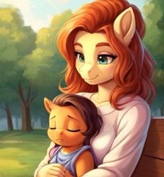 Size: 553x597 | Tagged: safe, imported from derpibooru, anthro, ai content, ai generated, cute, female, generator:stable diffusion, mother and child, prompter:chillyhooves, sleeping