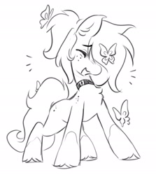 Size: 2362x2646 | Tagged: safe, artist:opalacorn, imported from derpibooru, oc, oc only, butterfly, earth pony, pony, black and white, chest fluff, choker, eyes closed, female, freckles, grayscale, laughing, mare, monochrome, open mouth, open smile, simple background, smiling, solo, white background