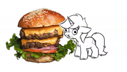 Size: 1970x1125 | Tagged: safe, artist:opalacorn, imported from derpibooru, oc, oc only, pony, unicorn, burger, cheeseburger, commission, eating, food, giant food, hamburger, horn, meat, nose wrinkle, ponies eating meat, simple background, solo, white background