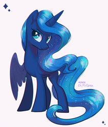 Size: 2549x3000 | Tagged: safe, artist:askometa, imported from derpibooru, princess luna, alicorn, pony, alternate design, blue coat, blushing, eyebrows, eyelashes, eyeshadow, female, full body, horn, long tail, makeup, mare, simple background, smiling, solo, sparkles, standing, tail, three quarter view, turquoise eyes, wavy mane, wavy tail, white background, wings