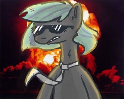 Size: 622x498 | Tagged: safe, artist:ferafel, imported from derpibooru, pony, semi-anthro, 2014, explosion, female, mare, solo, sunglasses