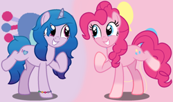 Size: 1458x866 | Tagged: safe, artist:princessyanderequinn, imported from derpibooru, izzy moonbow, pinkie pie, earth pony, pony, unicorn, coat markings, cutie mark, cutie mark background, duo, duo female, element of creativity, element of laughter, female, g4 to g5, g5, generation leap, horn, izzy and her heroine, mare, socks (coat markings)