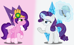 Size: 1452x878 | Tagged: safe, artist:princessyanderequinn, imported from derpibooru, pipp petals, rarity, pegasus, pony, unicorn, coat markings, cutie mark, cutie mark background, duo, duo female, element of confidence, element of generosity, female, g5, g5 to g4, generation leap, horn, mare, pipp and her heroine, socks (coat markings)