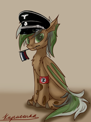 Size: 1609x2153 | Tagged: source needed, safe, edit, imported from derpibooru, oc, oc only, bat pony, changeling, pony, changeling hybrid, clothes, cyrillic, looking at you, nazi, nazi uniform, nazipone, politics, russian, sitting, uniform, z (military symbol)