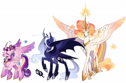 Size: 2048x1349 | Tagged: safe, artist:finnspaace, imported from derpibooru, princess cadance, princess celestia, princess luna, alicorn, pony, alternate color palette, alternate cutie mark, alternate design, alternate hair color, alternate hairstyle, alternate tailstyle, bat wings, big ears, blue coat, blue eyes, blue mane, blue tail, chest fluff, coat markings, colored eartips, colored eyebrows, colored eyelashes, colored fetlocks, colored muzzle, colored pinnae, colored wings, colored wingtips, concave belly, curved horn, dock, dock fluff, ear fluff, ear tufts, ethereal mane, ethereal tail, eyes closed, female, four wings, gradient ears, gradient horn, gradient wings, hairpin, heart, heart eyes, height difference, hoof shoes, horn, horn cap, horn jewelry, horn ring, jewelry, leg fluff, lidded eyes, long legs, long mane, long tail, magic, mare, multicolored mane, multicolored tail, multiple wings, peytral, pink coat, princess shoes, purple mane, purple tail, rainbow tail, raised hoof, redesign, ring, royal sisters, short, siblings, signature, simple background, sisters, slender, smiling, spread wings, standing, starry coat, starry legs, starry mane, starry tail, starry wings, tail, tall, thick eyelashes, thin, tied hair, trio, trio female, unshorn fetlocks, wall of tags, wavy mane, wavy tail, white background, white coat, wing fluff, wingding eyes, wings