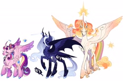 Size: 2048x1349 | Tagged: safe, artist:finnspaace, imported from derpibooru, princess cadance, princess celestia, princess luna, alicorn, pony, alternate color palette, alternate cutie mark, alternate design, alternate hair color, alternate hairstyle, alternate tailstyle, bat wings, big ears, blue coat, blue eyes, blue mane, blue tail, chest fluff, cloven hooves, coat markings, colored eartips, colored eyebrows, colored eyelashes, colored fetlocks, colored hooves, colored muzzle, colored pinnae, colored wings, colored wingtips, concave belly, curved horn, dock, dock fluff, ear fluff, ear tufts, ethereal mane, ethereal tail, eyes closed, female, four wings, gradient ears, gradient horn, gradient wings, hairpin, heart, heart eyes, height difference, horn, leg fluff, lidded eyes, long legs, long mane, long tail, magic, mare, multicolored mane, multicolored tail, multiple wings, pink coat, purple mane, purple tail, rainbow tail, raised hoof, redesign, royal sisters, shiny hoof, short, siblings, signature, simple background, sisters, slender, smiling, spread wings, standing, starry coat, starry legs, starry mane, starry tail, starry wings, tail, tall, thick eyelashes, thin, tied hair, trio, trio female, unshorn fetlocks, wall of tags, wavy mane, wavy tail, white background, white coat, wing fluff, wingding eyes, wings