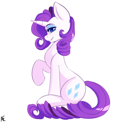 Size: 1600x1600 | Tagged: safe, artist:spittfireart, imported from derpibooru, part of a set, rarity, pony, unicorn, colored pupils, cute, eyebrows, eyeshadow, female, horn, lidded eyes, looking at you, makeup, mare, profile, raised hoof, raribetes, signature, simple background, sitting, smiling, smiling at you, solo, white background