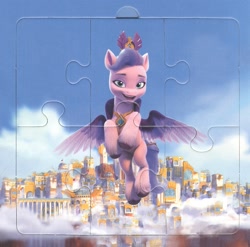 Size: 1213x1197 | Tagged: safe, imported from derpibooru, queen haven, pegasus, 3d, book, cloud, cyrillic, flying, g5, looking at you, merchandise, my little pony: make your mark, official, puzzle, russia, russian, smiling, smiling at you, zephyr heights