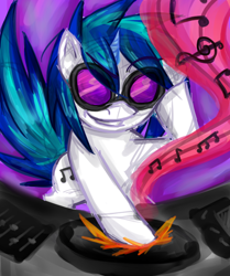 Size: 512x612 | Tagged: source needed, safe, artist:animeamphitere, imported from derpibooru, dj pon-3, vinyl scratch, unicorn, glasses, horn, music notes, record scrape, rule 63